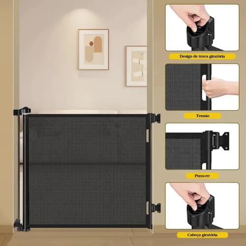 Portão Tela Segurança Retrátil Bebes Pets Cercadinho 150cm Preto - 2